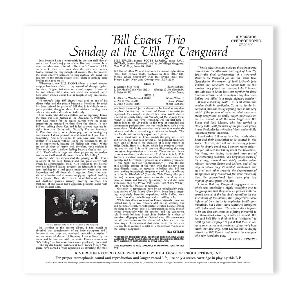BILL EVANS TRIO - Sunday At The Village Vanguard (Original Jazz Classics Series) - LP - 180g Vinyl [MAY 3]