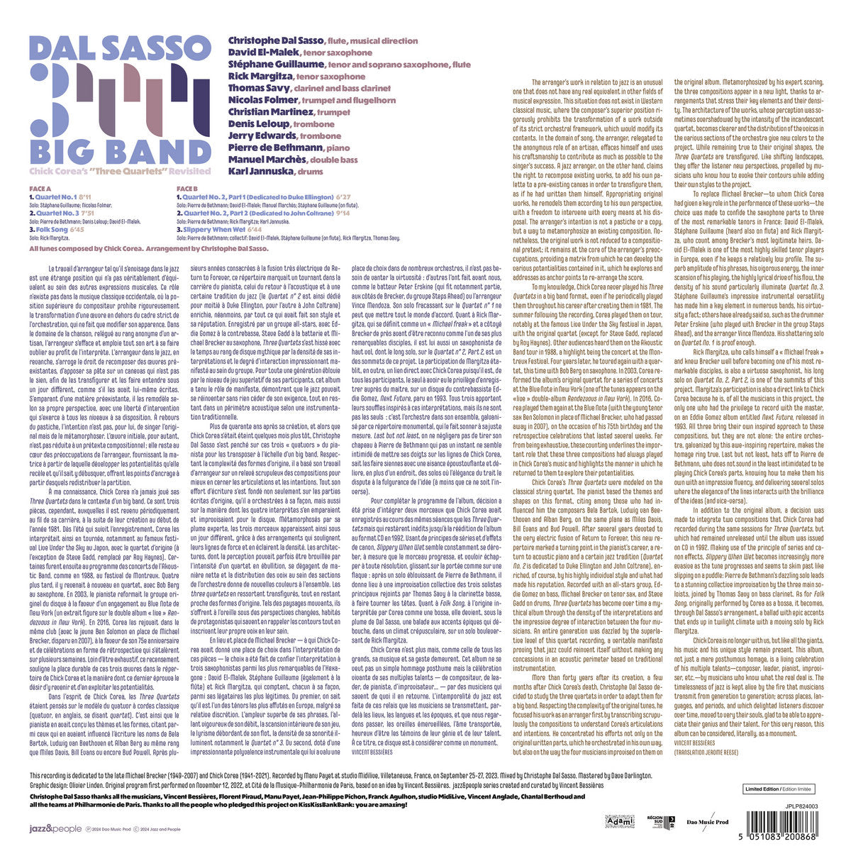 DAL SASSO BIG BAND & CHRISTOPHE DAL SASSO - Chick Corea: Three Quartets Revisited - LP - Vinyl [JUN 21]