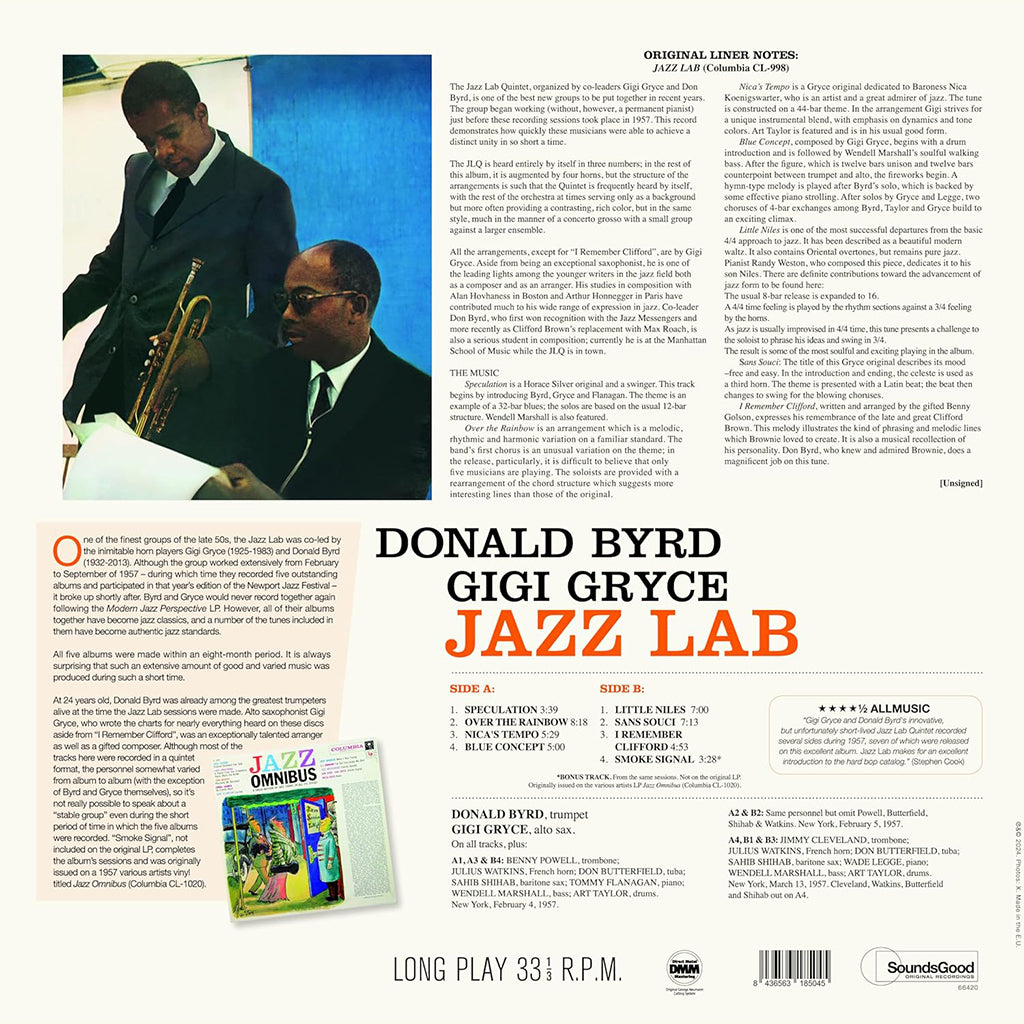 DONALD BYRD & GIGI GRYCE - Jazz Lab (2024 SoundsGood Reissue with Bonus Track) - LP - 180g Vinyl [MAY 10]