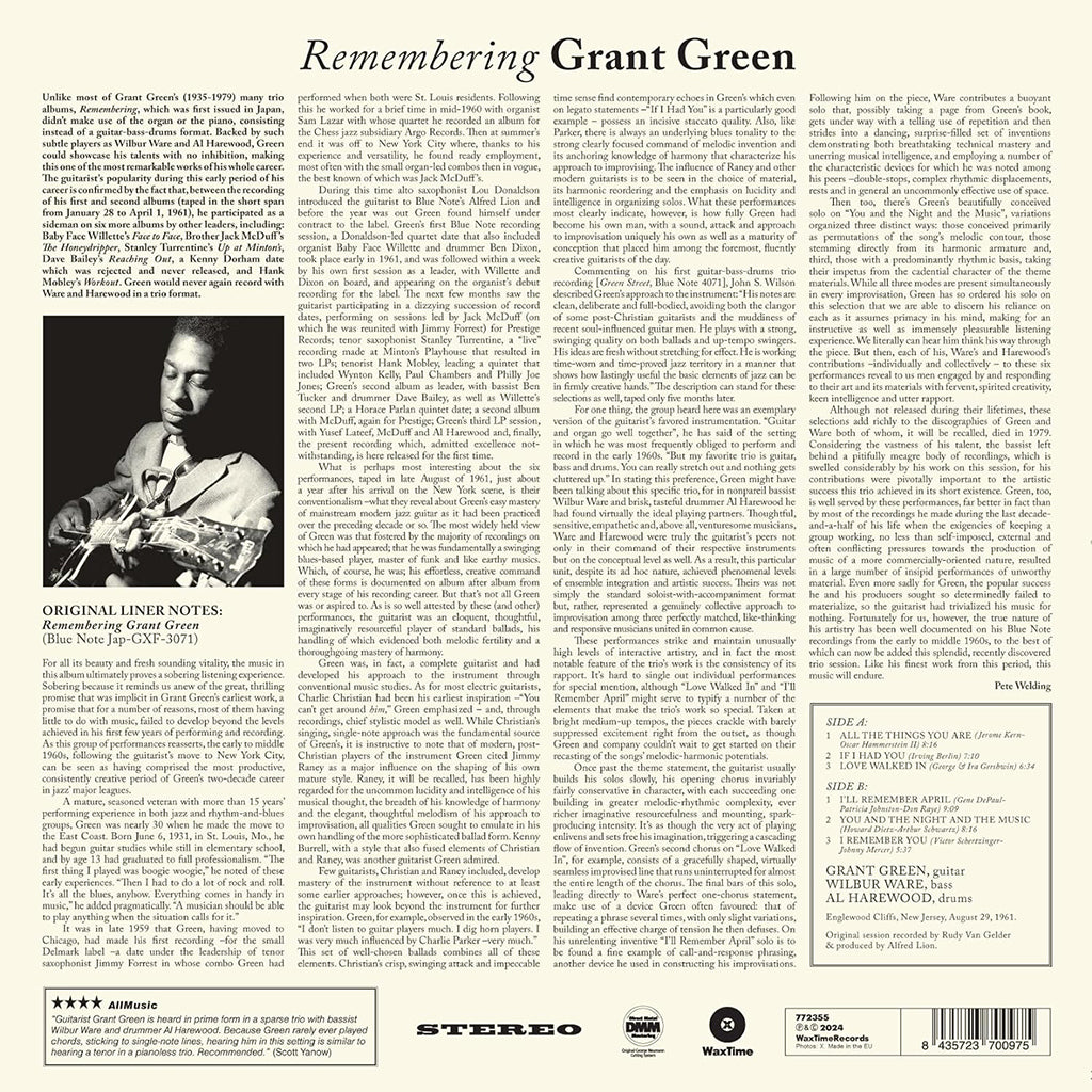 GRANT GREEN - Remembering (2024 Waxtime Reissue) - LP - 180g Vinyl [FEB 9]
