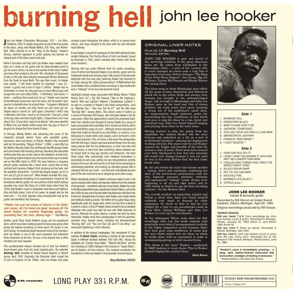 JOHN LEE HOOKER - Burning Hell (2023 Reissue with 4 Bonus Tracks) - LP - 180g Vinyl [JUN 16]