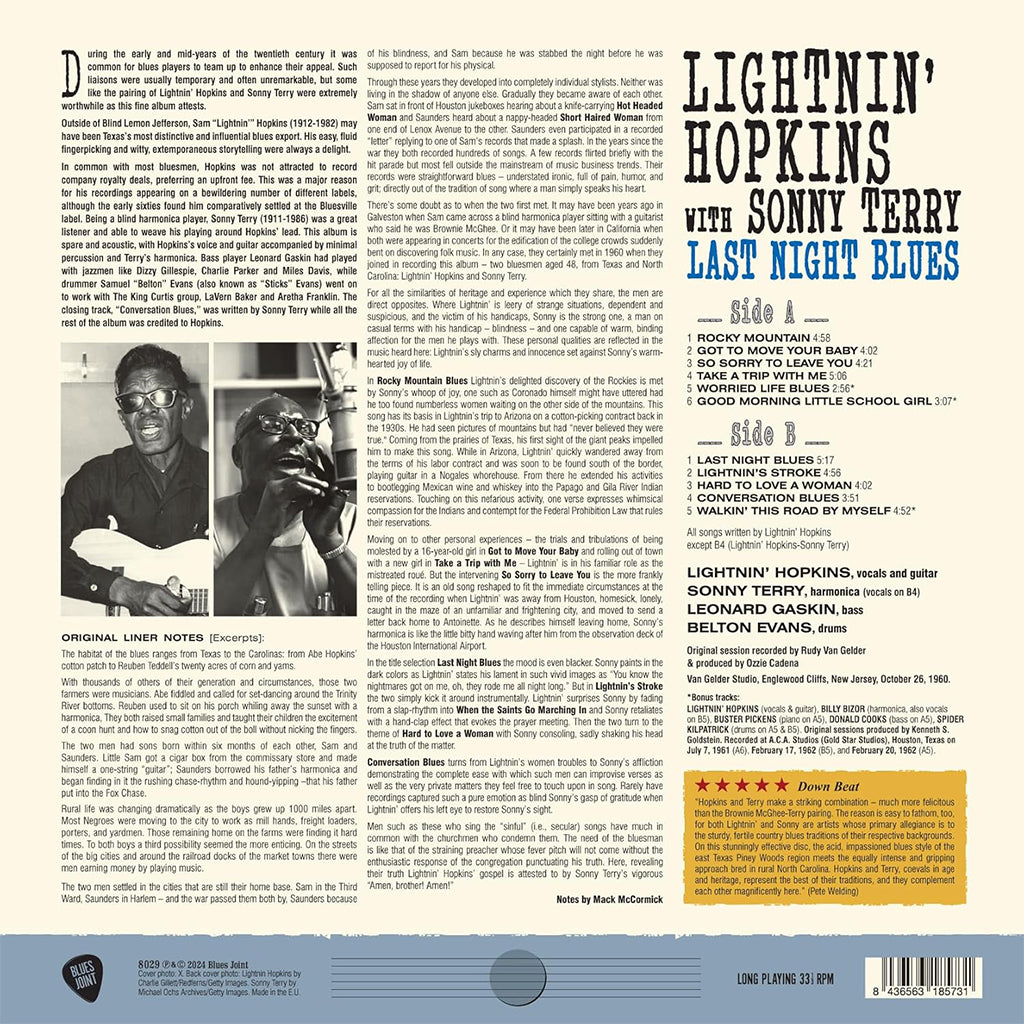 LIGHTNIN' HOPKINS, SONNY TERRY - Last Night Blue (with 3 Bonus Tracks) - LP - 180g Vinyl [SEP 20]