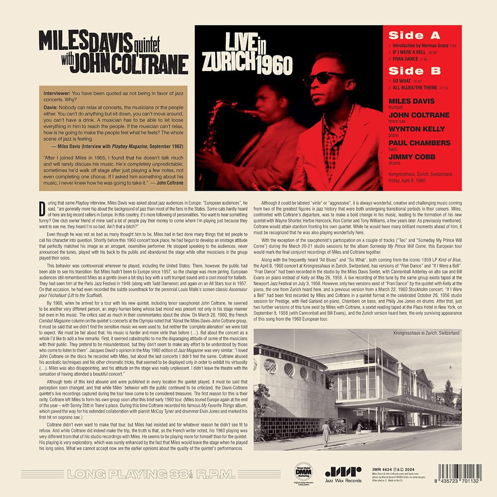 MILES DAVIS QUINTET WITH JOHN COLTRANE - Live In Zurich 1960 (2024 Jazz Wax Reissue) - LP - 180g Vinyl