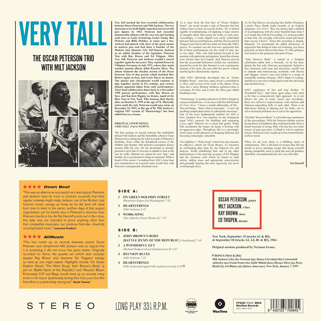 OSCAR PETERSON TRIO and MILT JACKSON - Very Tall (2024 Waxtime Reissue with Bonus Track) - LP - 180g Vinyl [MAY 10]