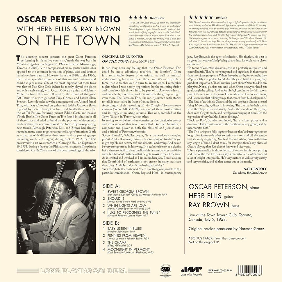 OSCAR PETERSON TRIO - On The Town With The Oscar Peterson Trio (Jazz Wax Reissue with Bonus track) - LP - 180g Vinyl [SEP 20]