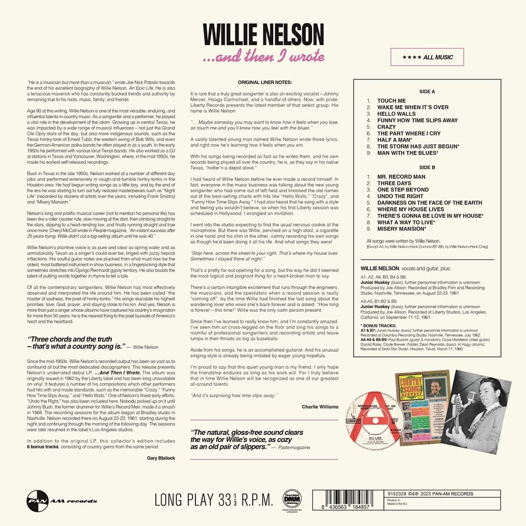 WILLIE NELSON - ...And Then I Wrote (Pan Am Reissue w/ 6 Bonus Tracks) - LP - 180g Vinyl [SEP 29]