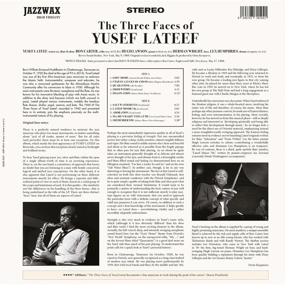 YUSEF LATEEF - The Three Faces Of Yusef Lateef (Jazz Wax Reissue w/ 2 Bonus tracks) - LP - 180g Vinyl [OCT 24]