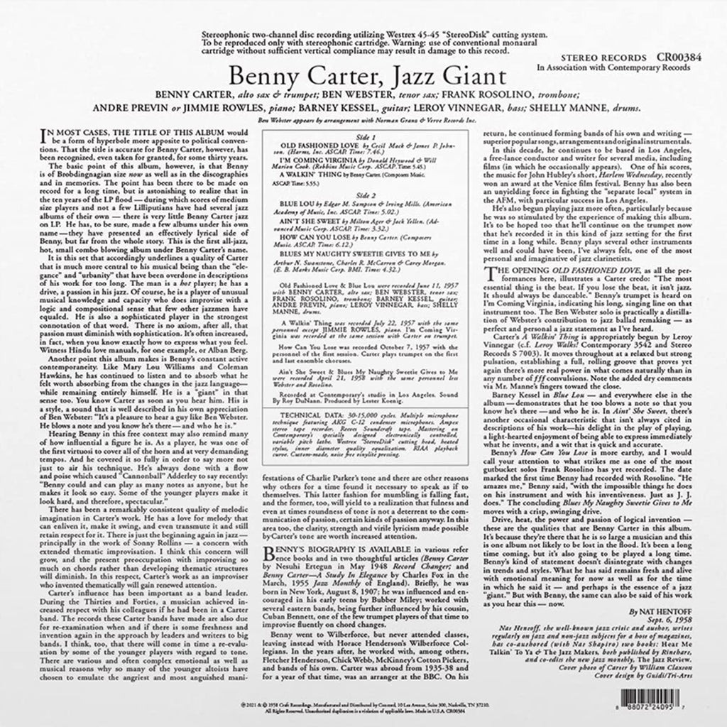 BENNY CARTER - Jazz Giant (All-Analog Remastered) - LP - 180g Vinyl