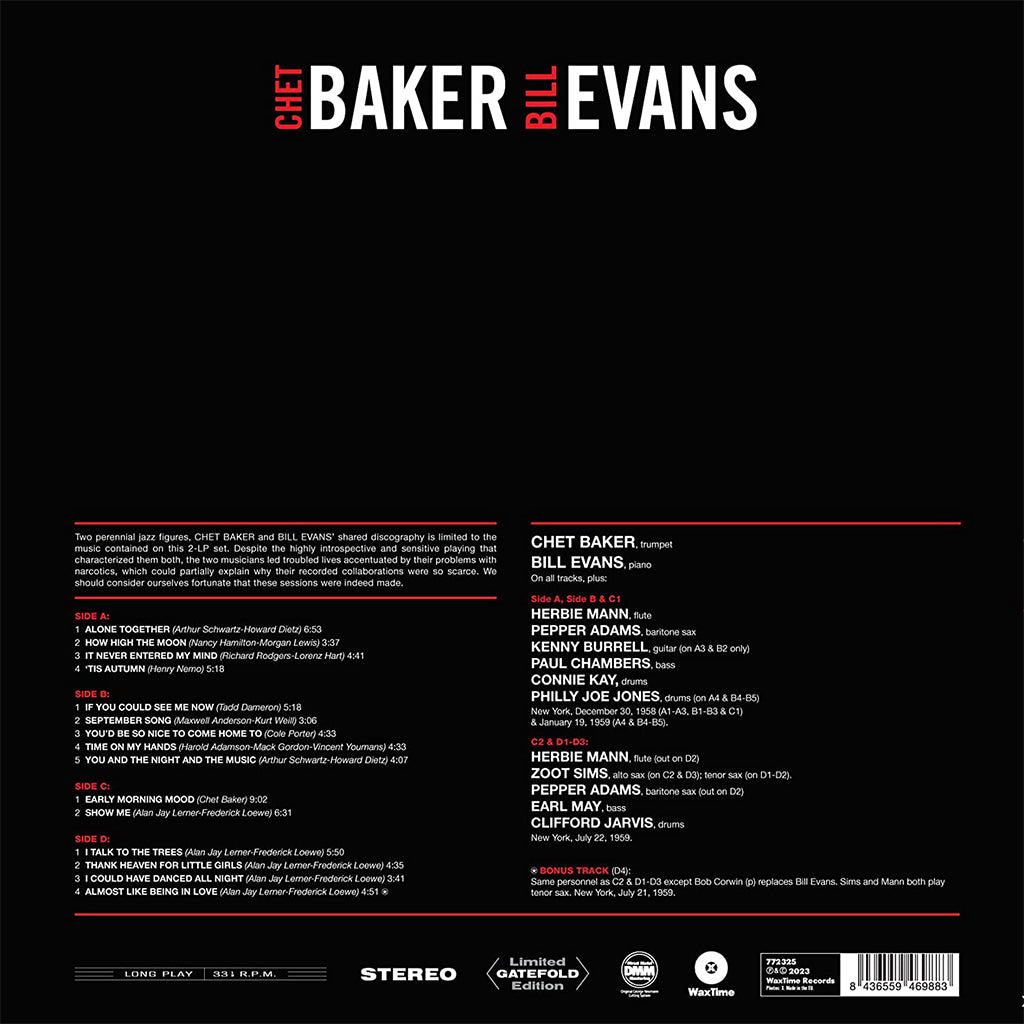 CHET BAKER & BILL EVANS - Complete Recordings (Waxtime Edition w/ Bonus Track) - 2LP - Gatefold 180g Vinyl