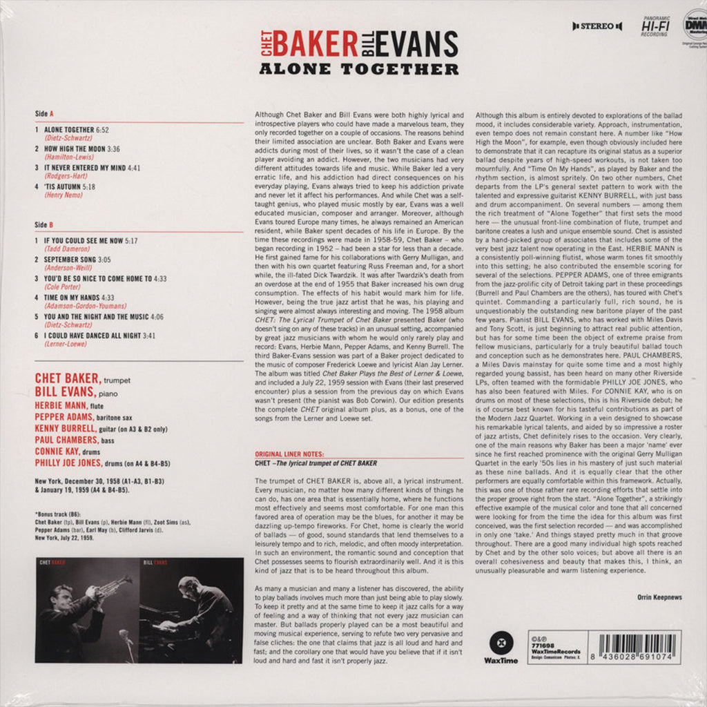CHET BAKER AND BILL EVANS - Alone Together (Waxtime Reissue) - LP - Vinyl