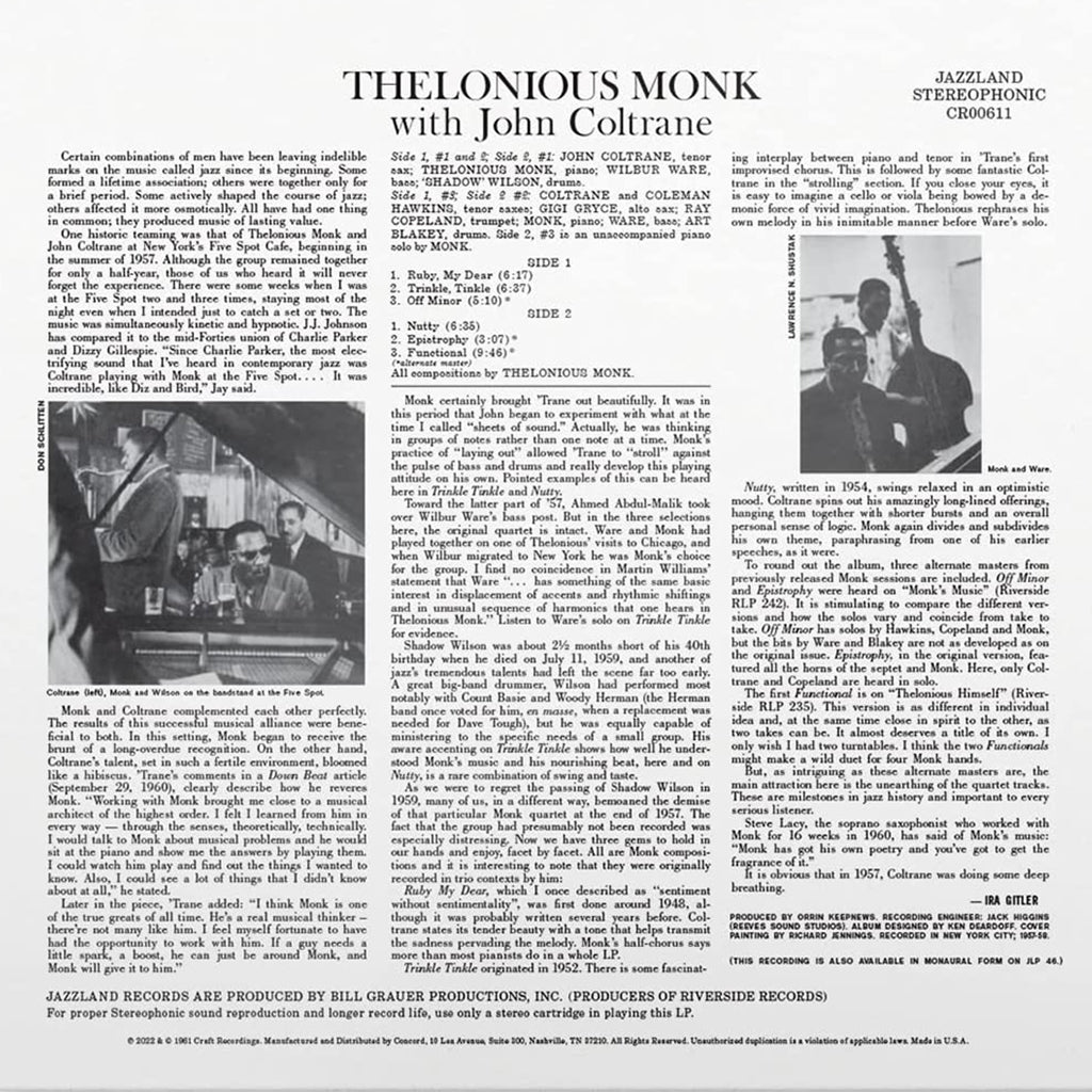 THELONIOUS MONK WITH JOHN COLTRANE - Thelonious Monk with John Coltrane (All Analog Remaster) - LP - 180g Vinyl [MAY 26]
