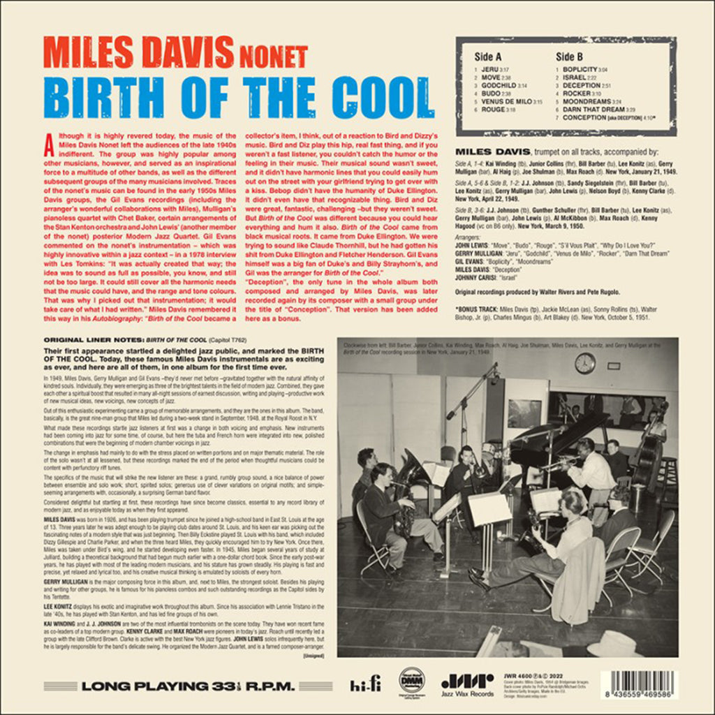 MILES DAVIS - Birth Of The Cool (Jazz Wax Edition w/ Bonus Track) - LP - 180g Vinyl