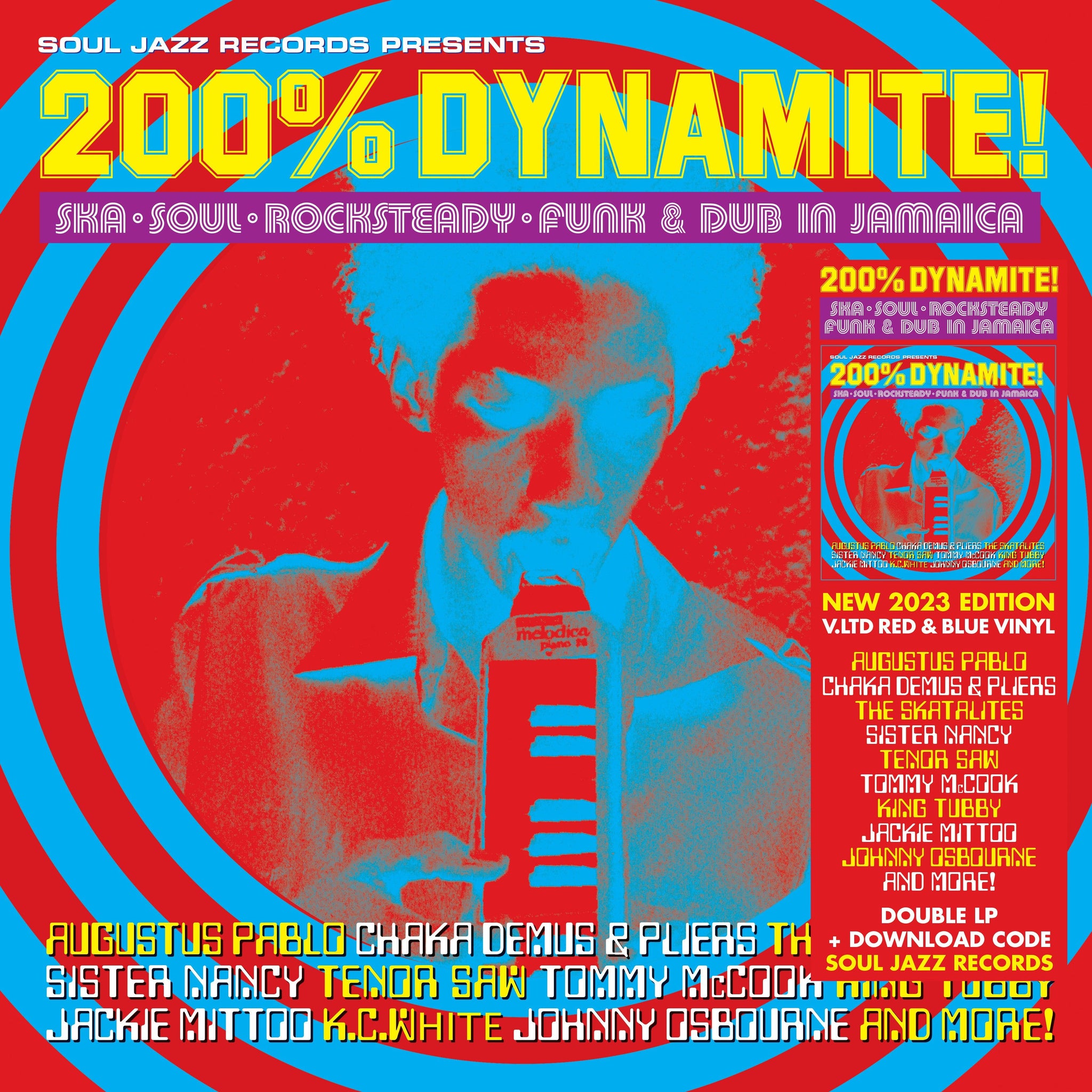 VARIOUS - Soul Jazz Records Presents: 200% Dynamite! Ska, Soul, Rocksteady, Funk & Dub in Jamaica - 2LP - Red/Blue Vinyl [RSD23]